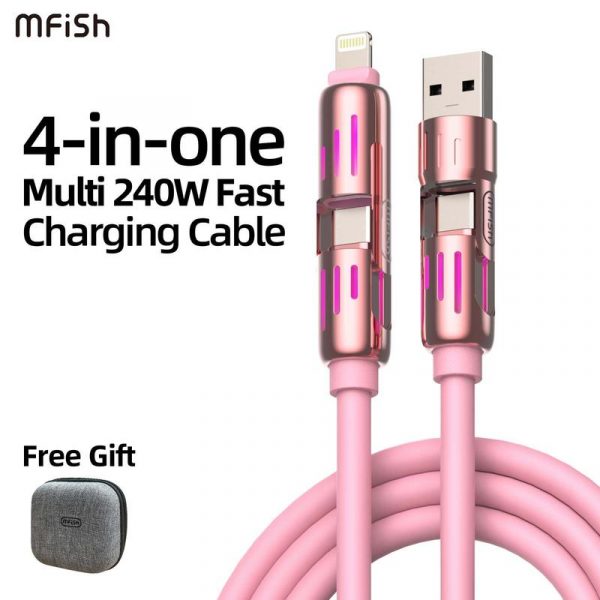 MFish 4-in-1 Multi USB Charging Cable with USB A,Type C, Lightning -MAX 240W Fast Charging & Data Sync for iPhone 16/15, iPad Pro, Samsung & Laptops